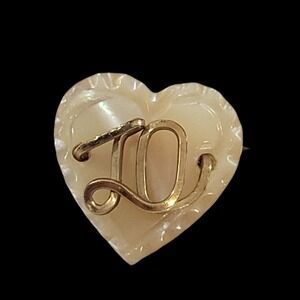 Vintage Mother of Pearl Monogrammed Pin Brooch Gold Tone Letter D Heart Shape